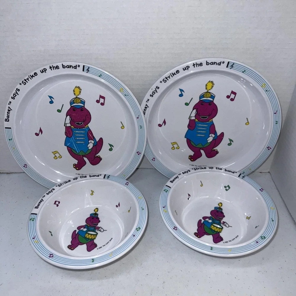 Vtg 1992 Melamine 4 Piece Barney Purple Dinosaur Toddler Child Plate Bowl Set